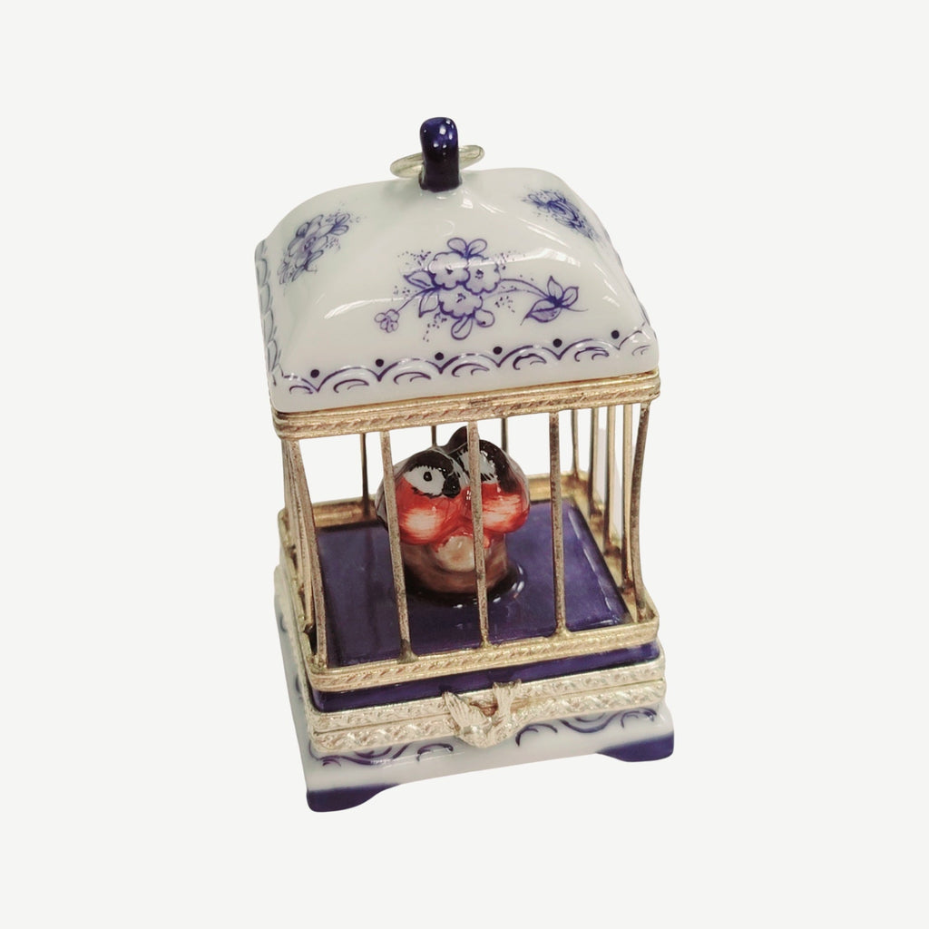 White Blue Bird Cage Love Birds Box, a hand-painted Limoges porcelain gift