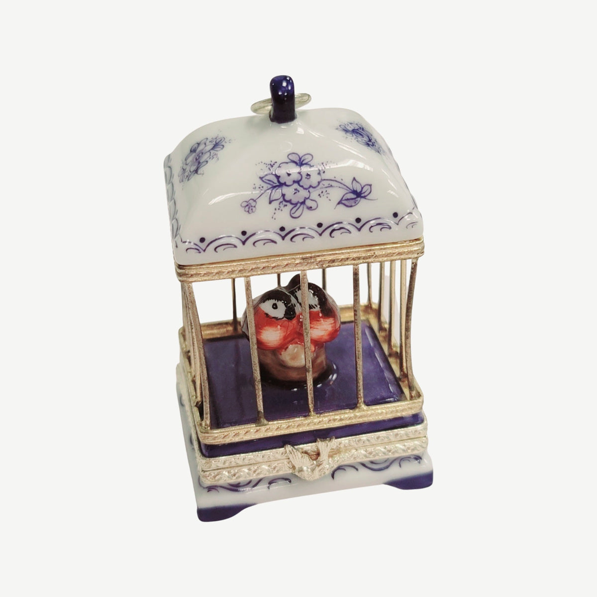 White Blue Bird Cage Love Birds Box, a hand-painted Limoges porcelain gift