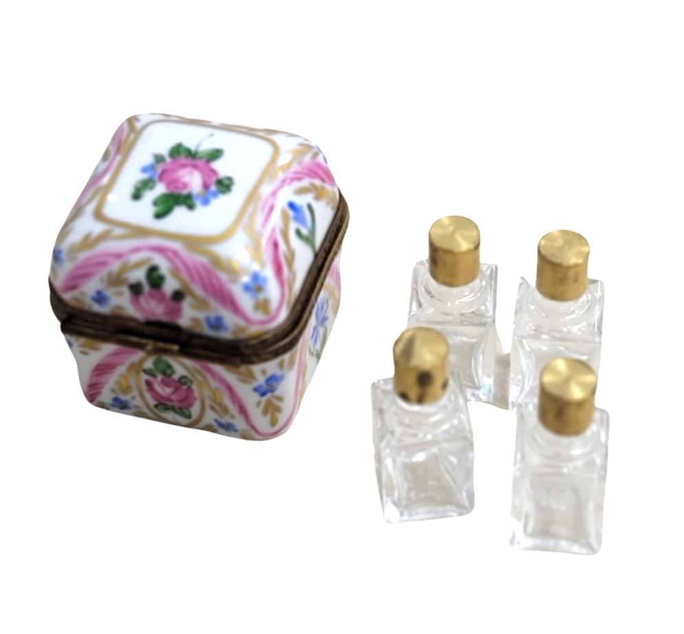 4 perfume pink roses in square porcelain limoges trinket box, view 3