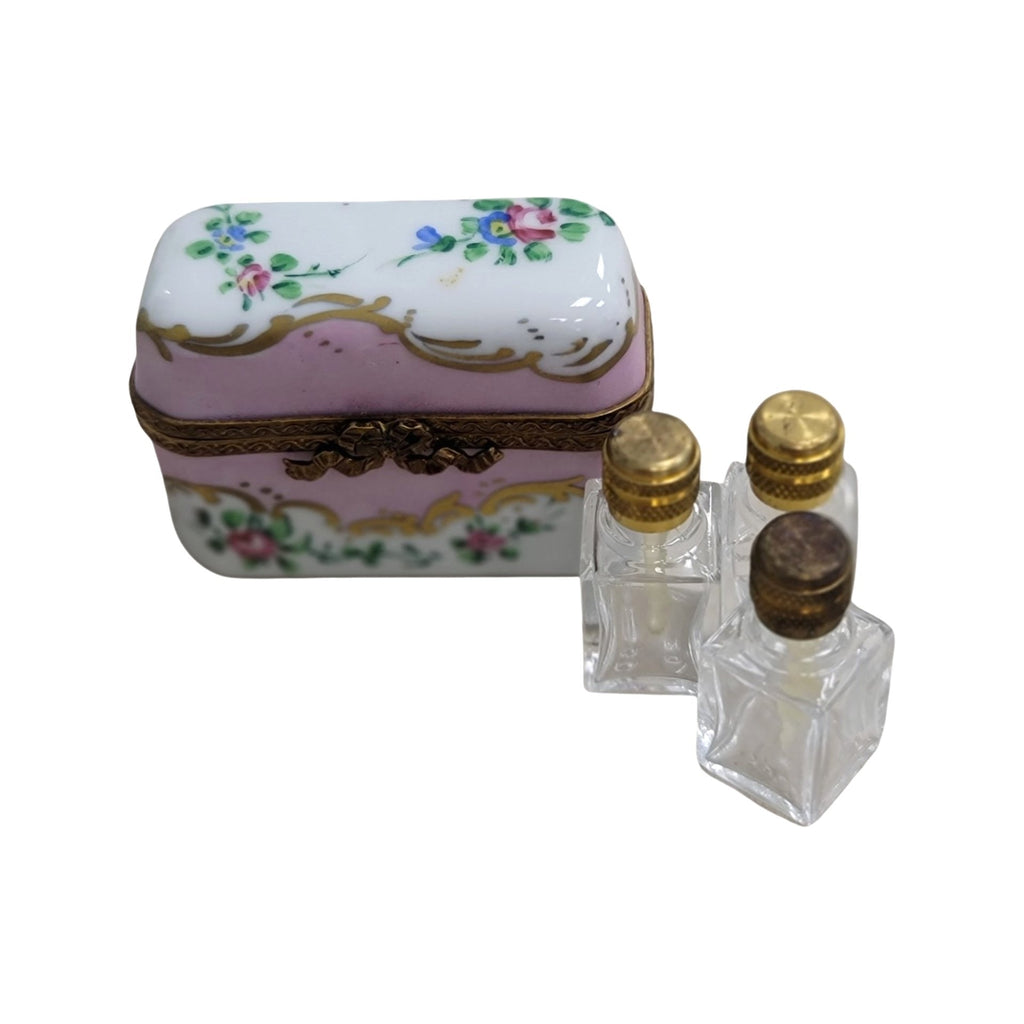 3 Perfume Pink Roses Square Limoges Porcelain Art Object, a hand-painted Limoges porcelain gift