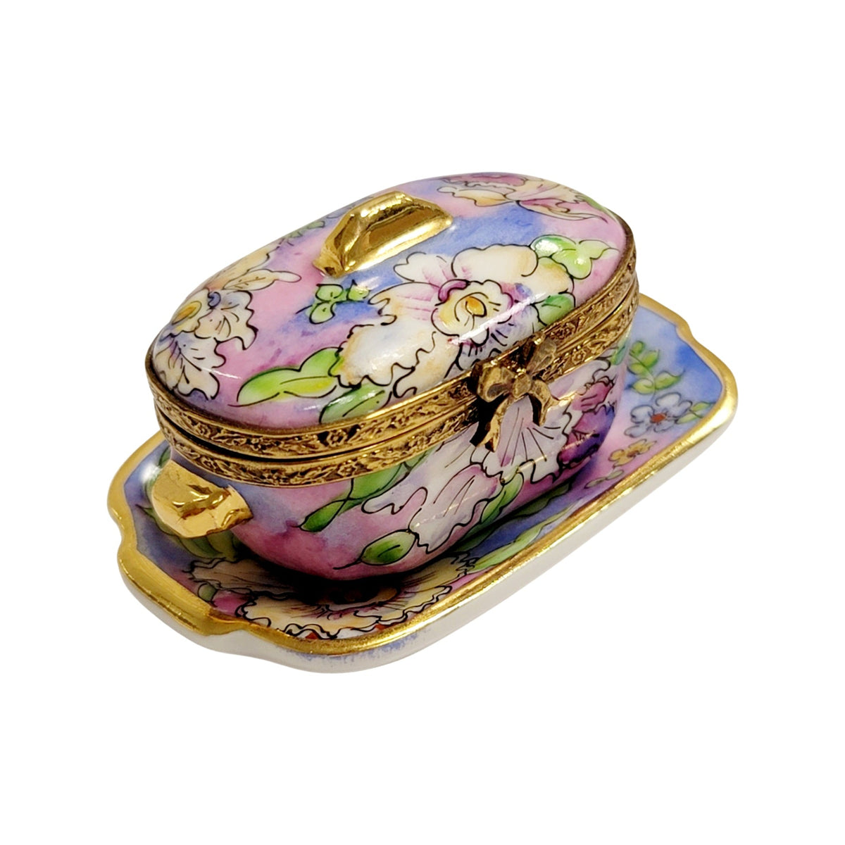 Purple Blue Soup Toureen w Tray Limoges Box Figurine, a hand-painted Limoges porcelain gift