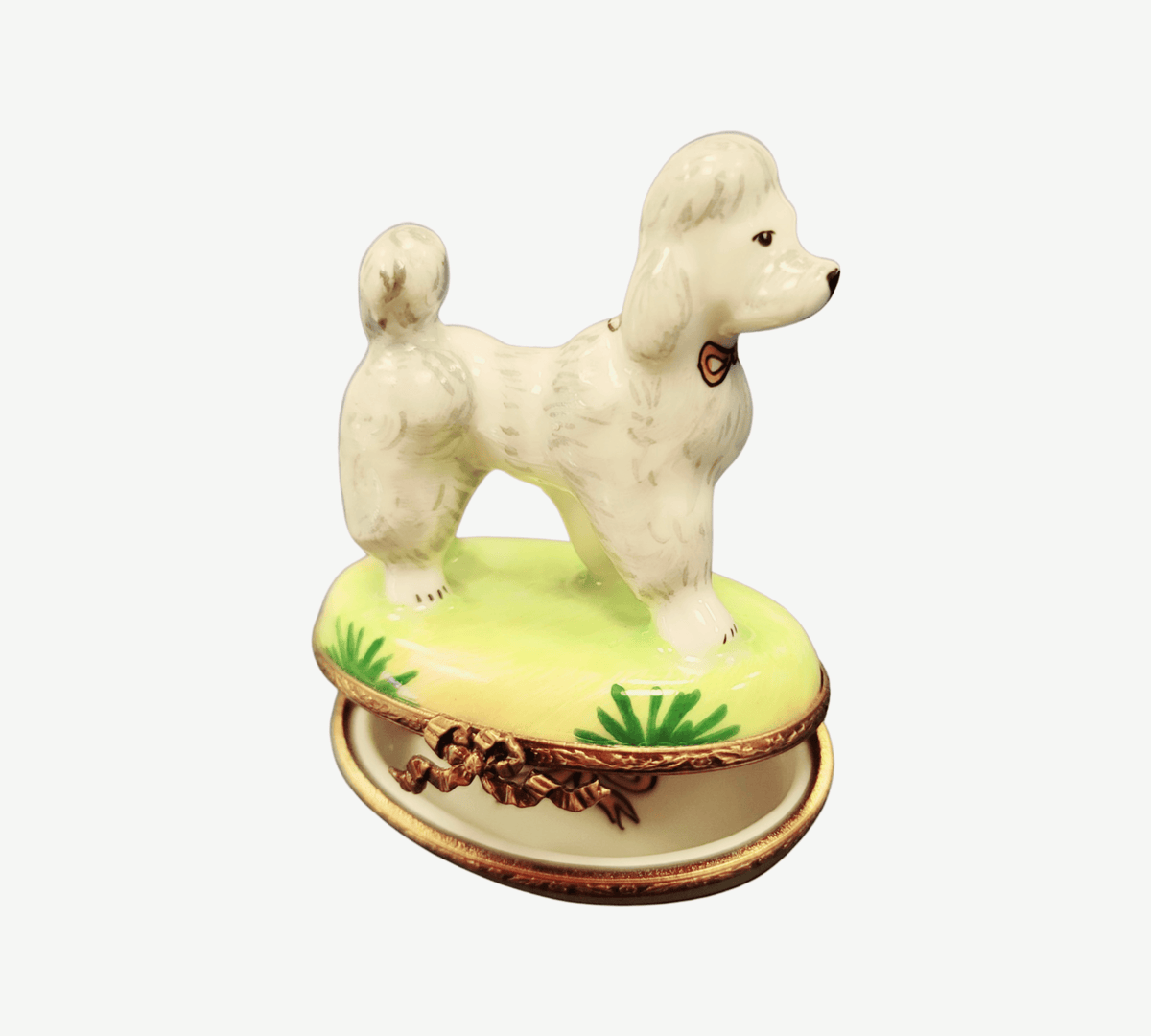 Treasured French collectible: White Poodle Yellow Base Limoges box, painted by hand