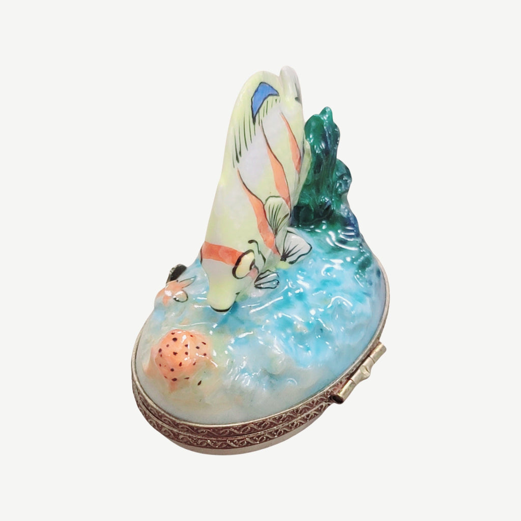 Fine French craftsmanship on the Exotic Fish Limoges box, painted by hand