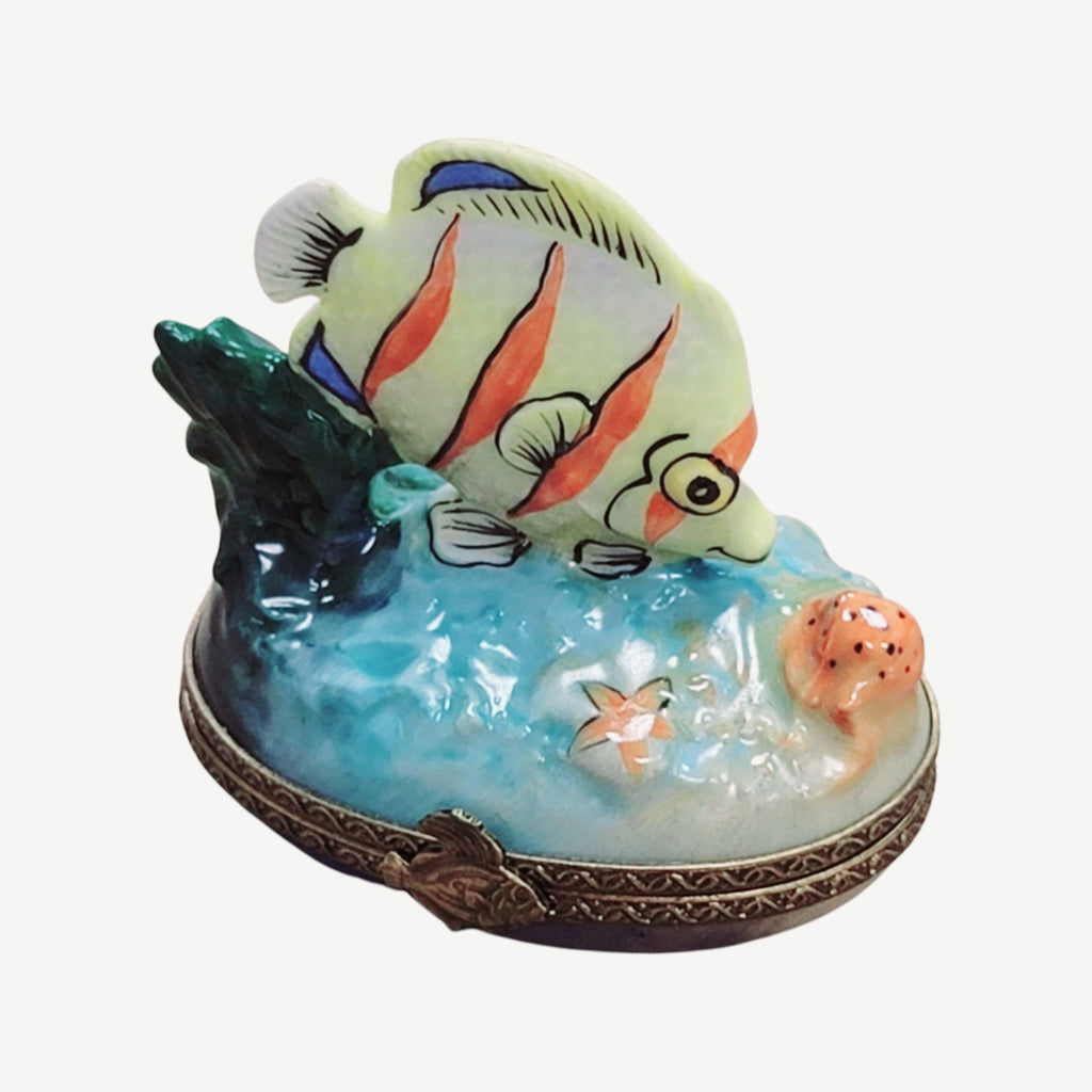 Painted details on the Exotic Fish Limoges box, French art in miniature