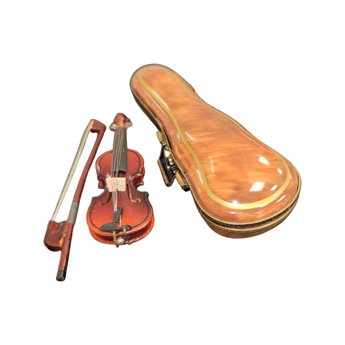 Wood Violin in Brown Case Limoges Box Figurine Gift, view 2