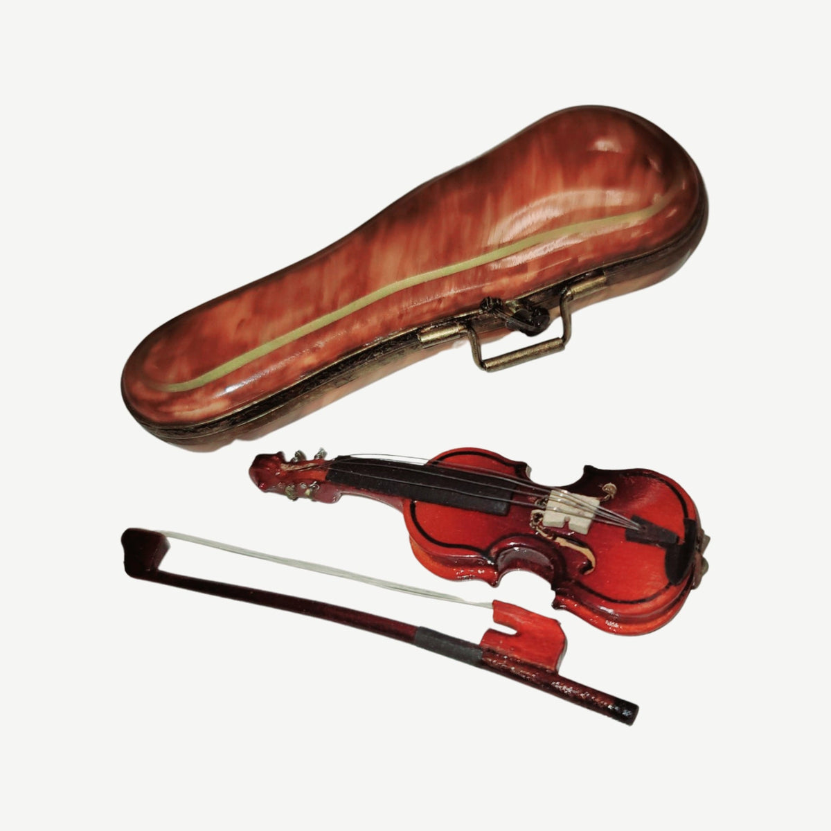Wood Violin in Brown Case Limoges Box Figurine Gift, view 6
