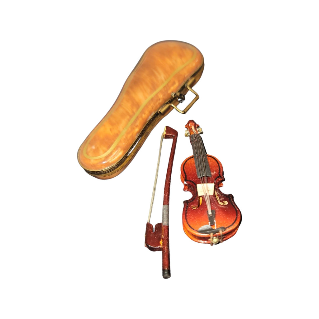 Wood Violin in Brown Case Limoges Box Figurine Gift, a hand-painted Limoges porcelain gift