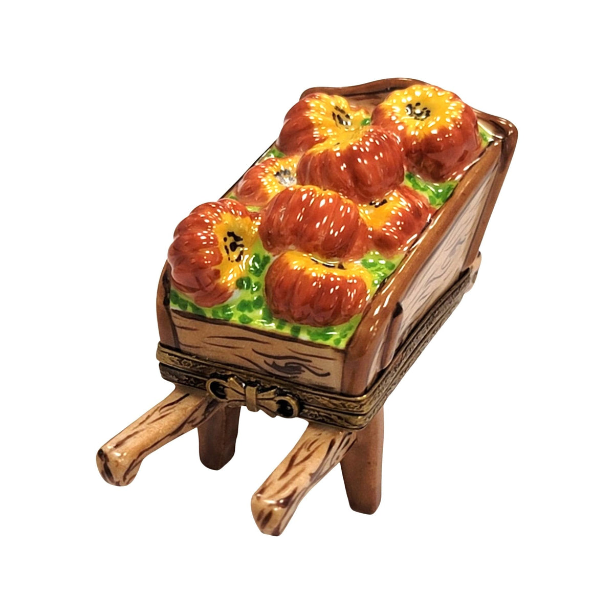 Hand-painted Fall Wheelbarrow with Pumpkins Thanksgiving Limoges box, French artistry for lovers of fine art