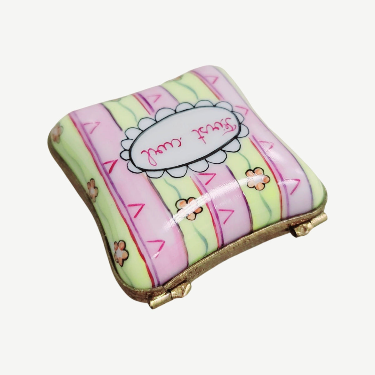 Hand-painted First Curl Pink Yellow Limoges box, French artistry for lovers of fine art