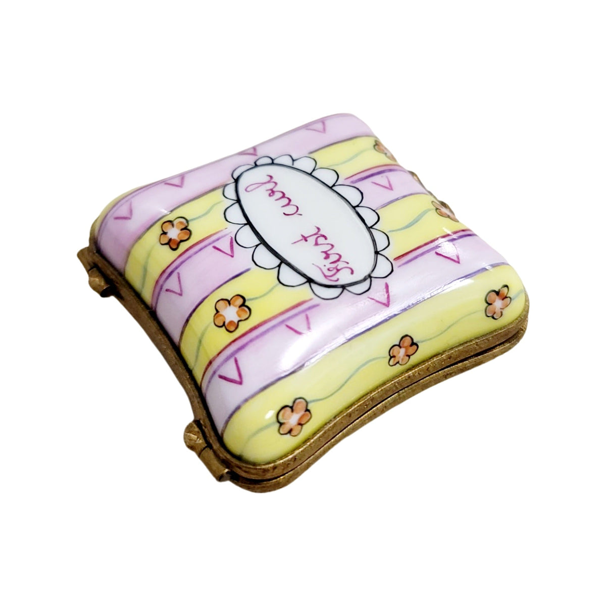 First Curl Pink Yellow Limoges box painted by hand in Limoges, France, a gift to treasure