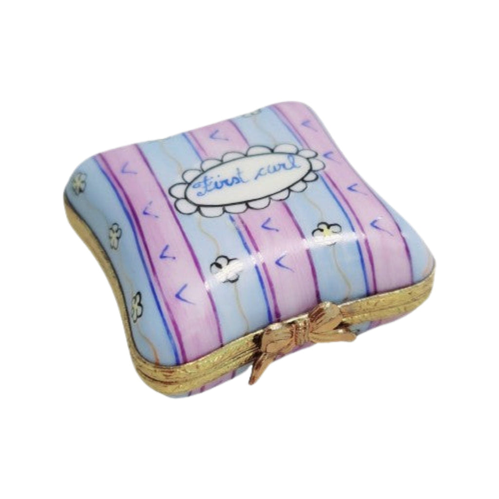 First Curl Pink Blue Porcelain Art Object, a hand-painted Limoges porcelain gift