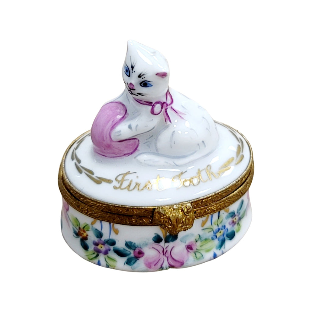 Limoges Boutique presents the First Tooth Baby Cat, a genuine Limoges box painted by hand in France