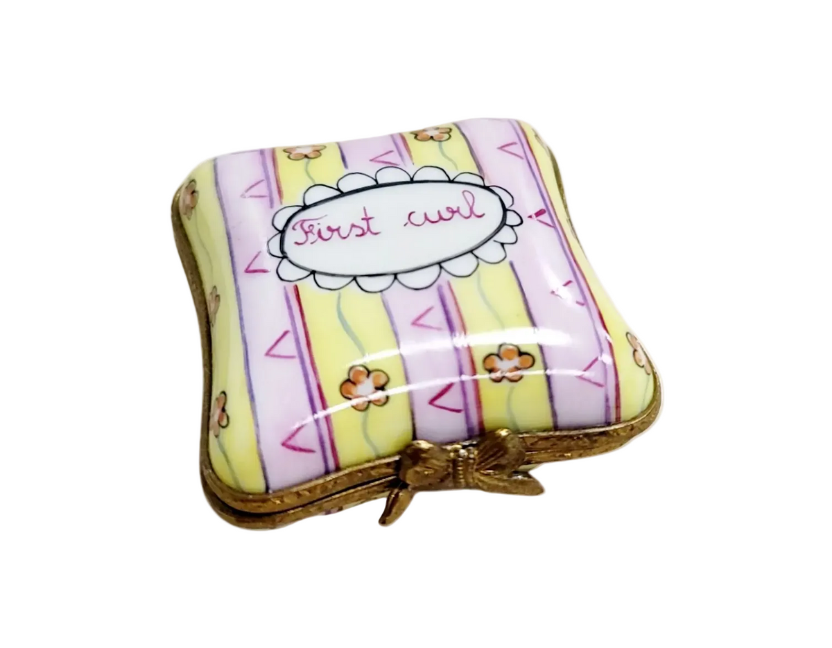 Genuine First Curl Pink Yellow Limoges box painted by hand in France, from Limoges Boutique