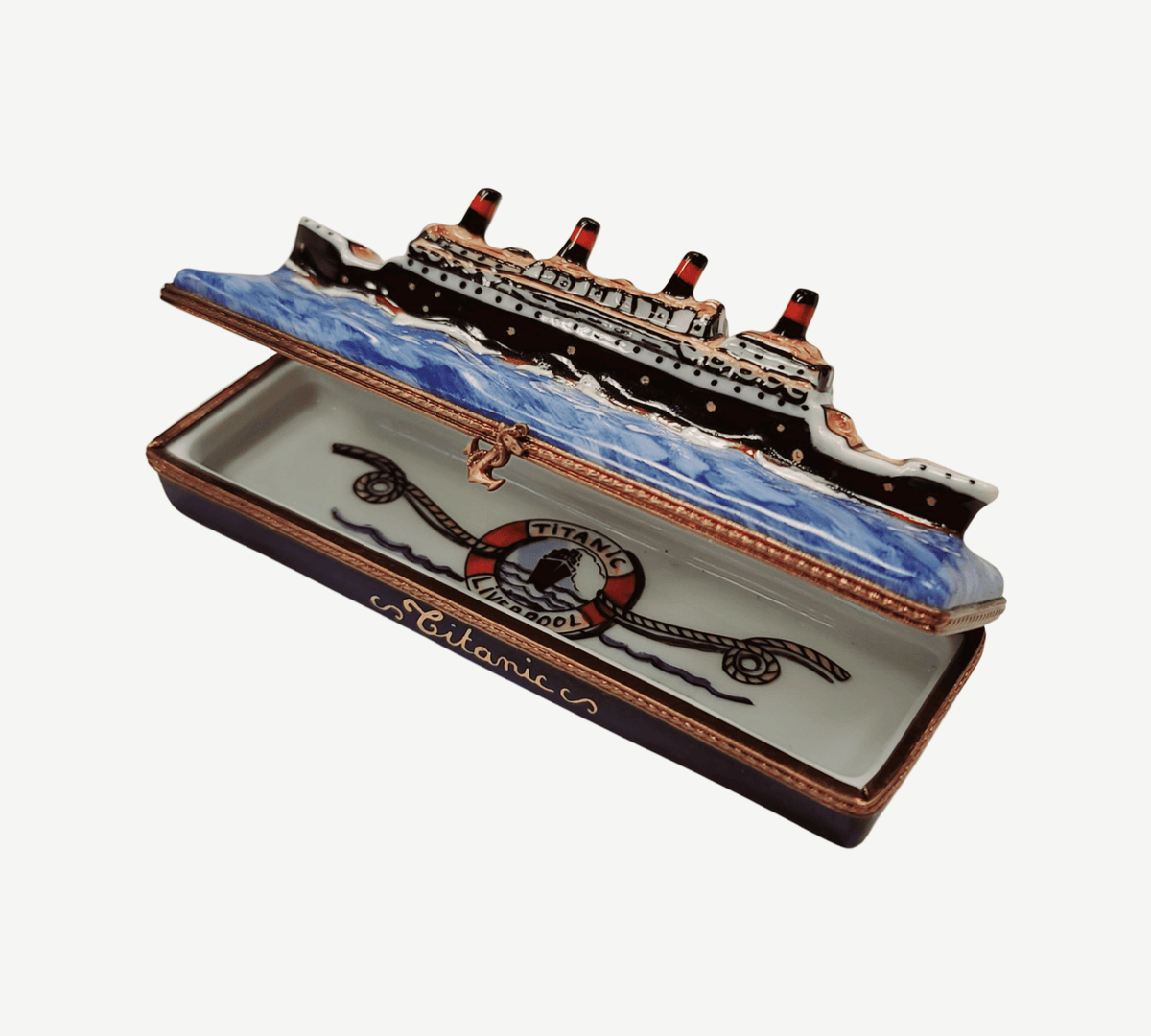 Painted details on the Floating Titanic 3.5 Limoges box, French art in miniature