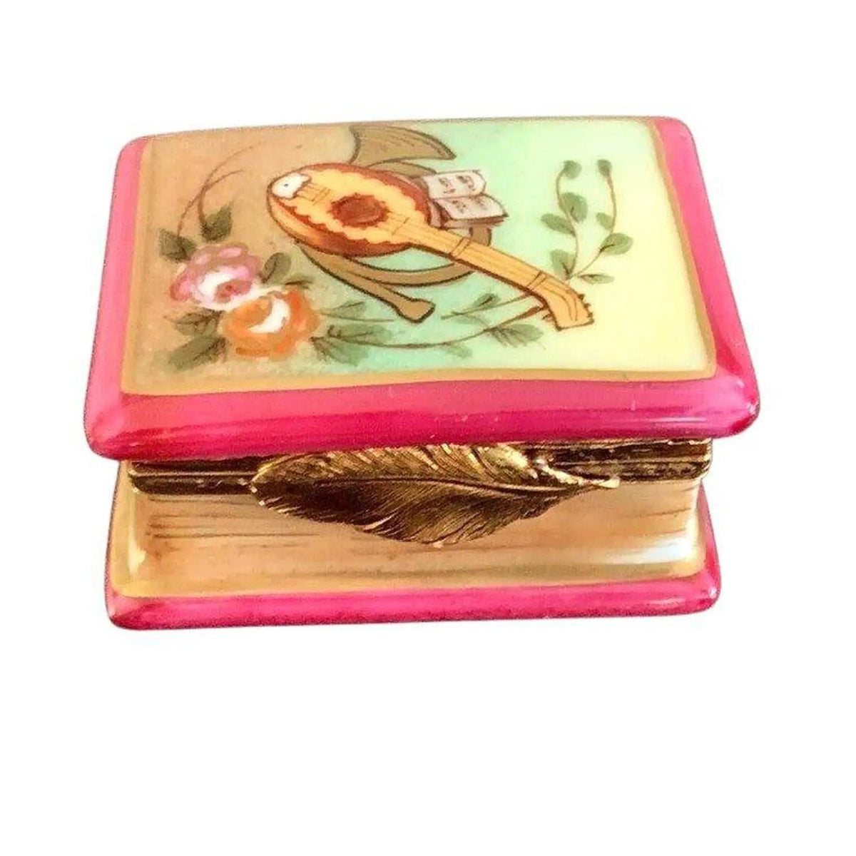 Artisan-painted Horn Mandolin Rose music Book Limoges box from France, a cherished collectible