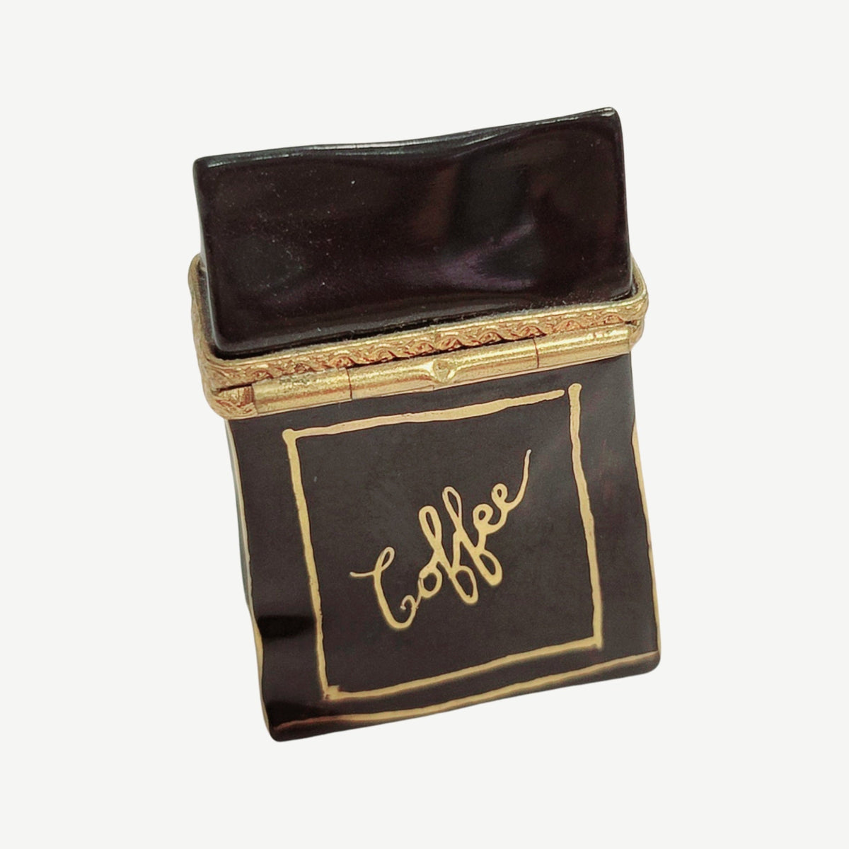 Painted details on the Roast Coffee Sack and Beans Limoges box, French art in miniature