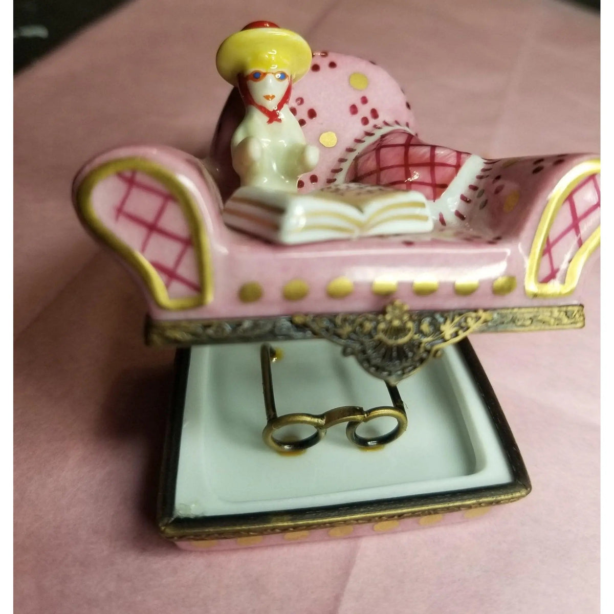 Artisan-painted Woman in Big Pink Chair No. 1 of 750 Limoges box from France, a cherished collectible