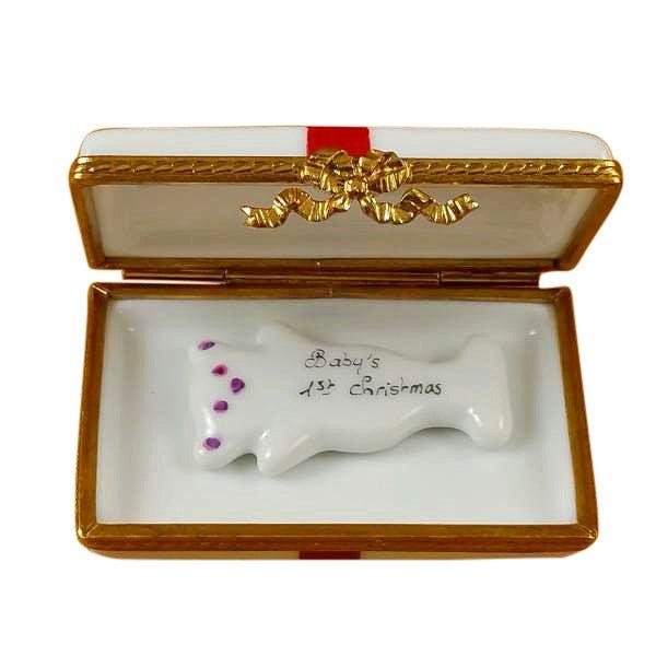 Hand-painted with Red Bow Pink Baby's First Christmas Limoges box, French artistry for lovers of fine art