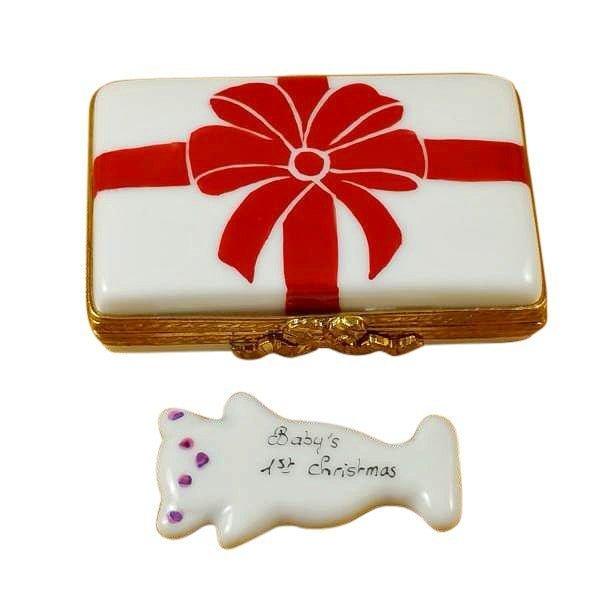 Authentic Rochard with Red Bow Pink Baby's First Christmas Limoges box, hand-painted in France, from Limoges Boutique