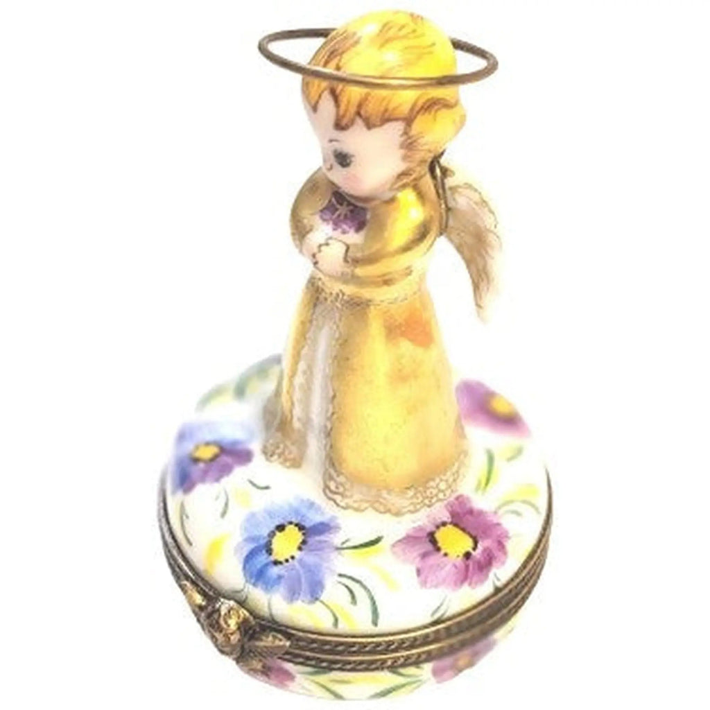 Gold Angel Praying on Flowers Limoges Box Figurine, view 3