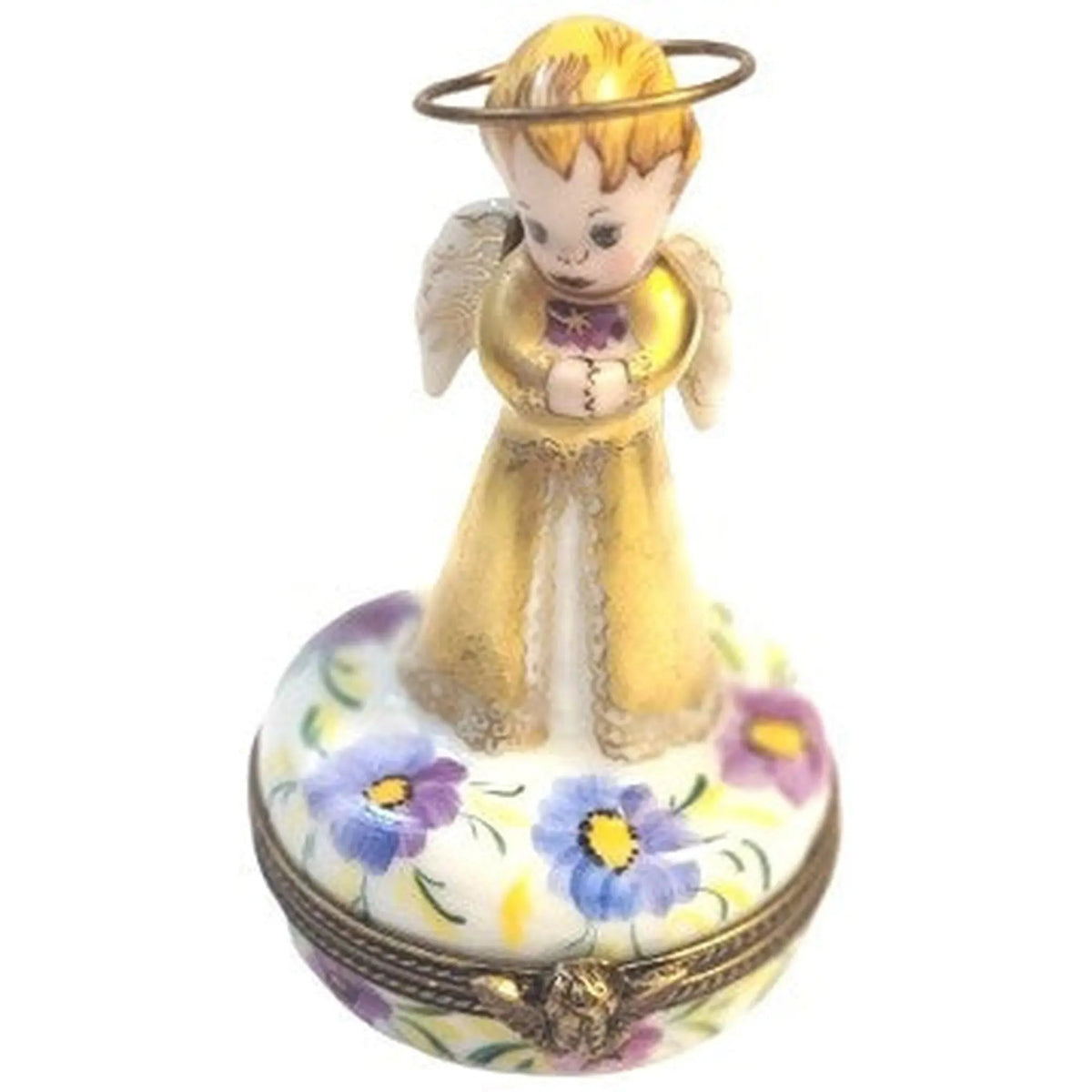 Every brushstroke by hand on the Gold Angel Praying on Flowers Limoges box from France