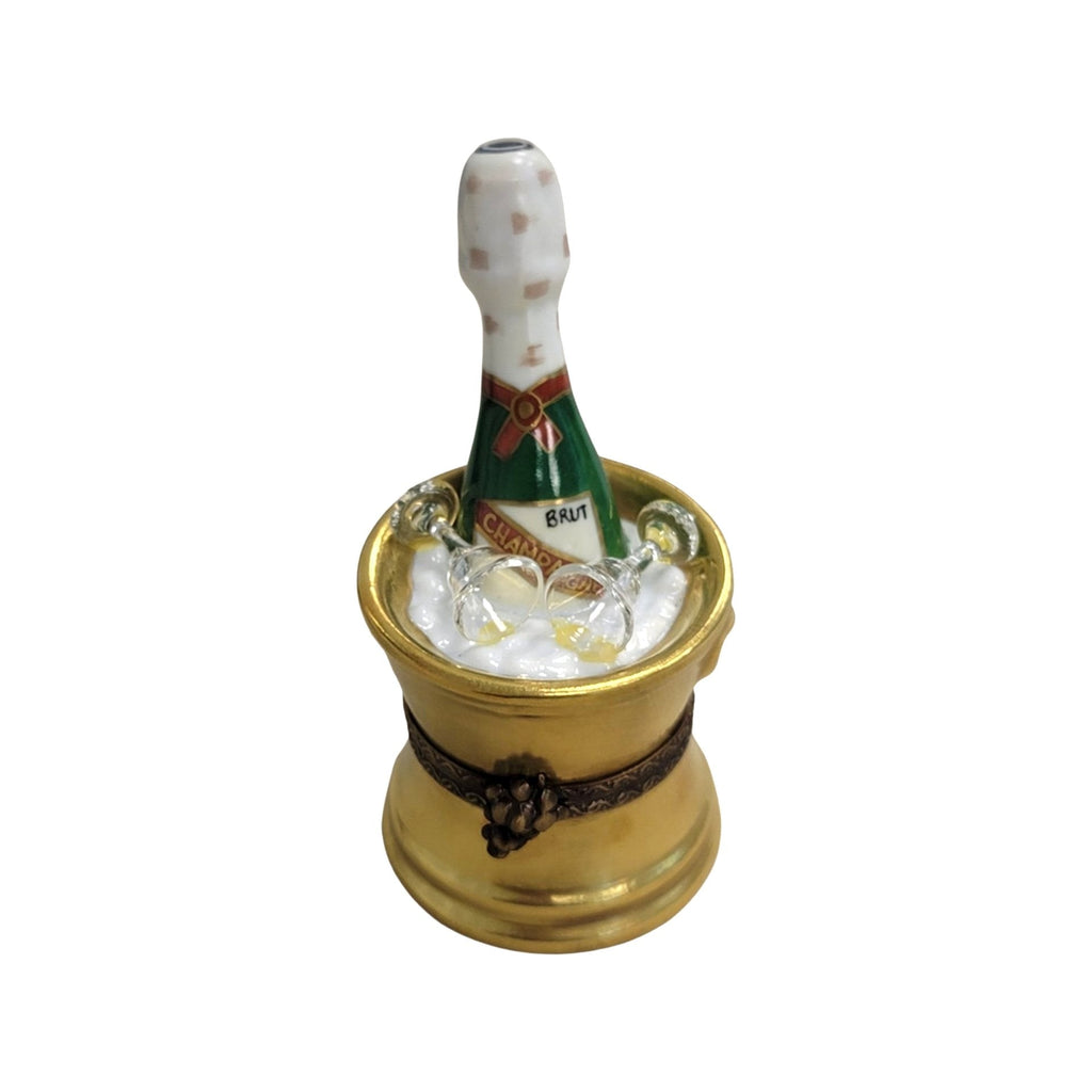 Gold Champagne Bucket w Glasses Limoges Box Figurine, a hand-painted Limoges porcelain gift