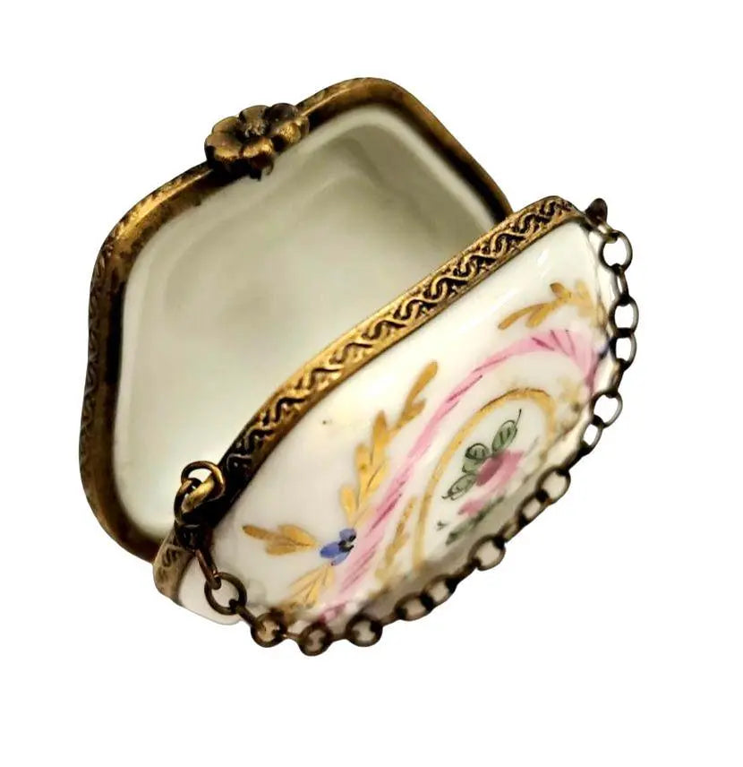 Gold Pink Flowers Purse HandPainted Limoges Box Figurine, view 2