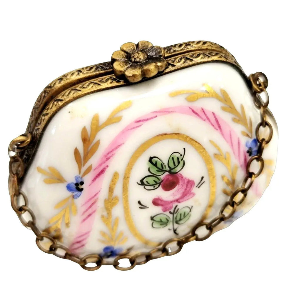Gold Pink Flowers Purse HandPainted Limoges Box Figurine, a hand-painted Limoges porcelain gift