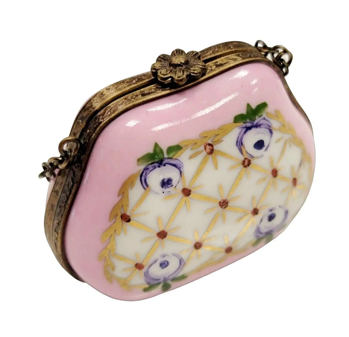 Purse Gold Pink Purple Flowers HandPainted Limoges Box, a hand-painted Limoges porcelain gift