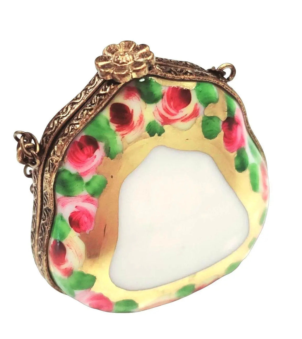 Purse Gold Roses W Special Brass Limoges Box Figurine, a hand-painted Limoges porcelain gift
