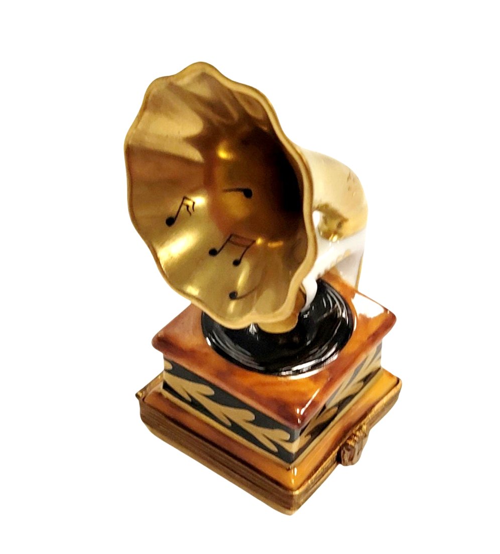 Gold Victrola Record Player Limoges Box Figurine Gift, a hand-painted Limoges porcelain gift