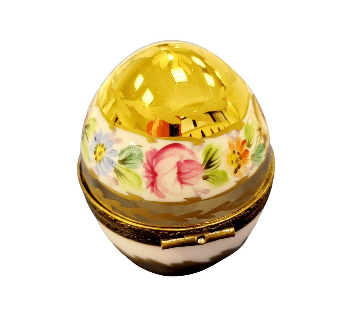 Fine French craftsmanship on the Perfume in Gold White Egg with Flowers Limoges box, painted by hand