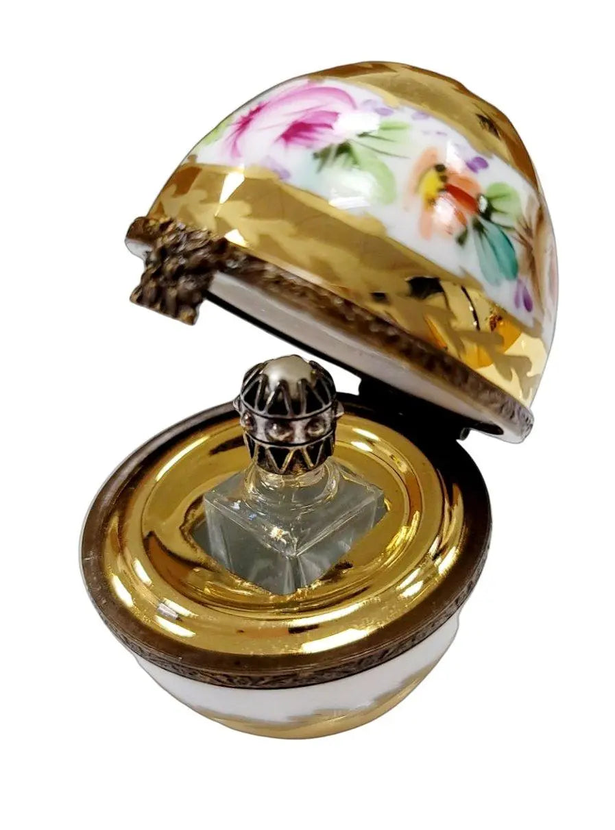 Perfume in Gold White Limoges Porcelain Egg w Flowers, view 4