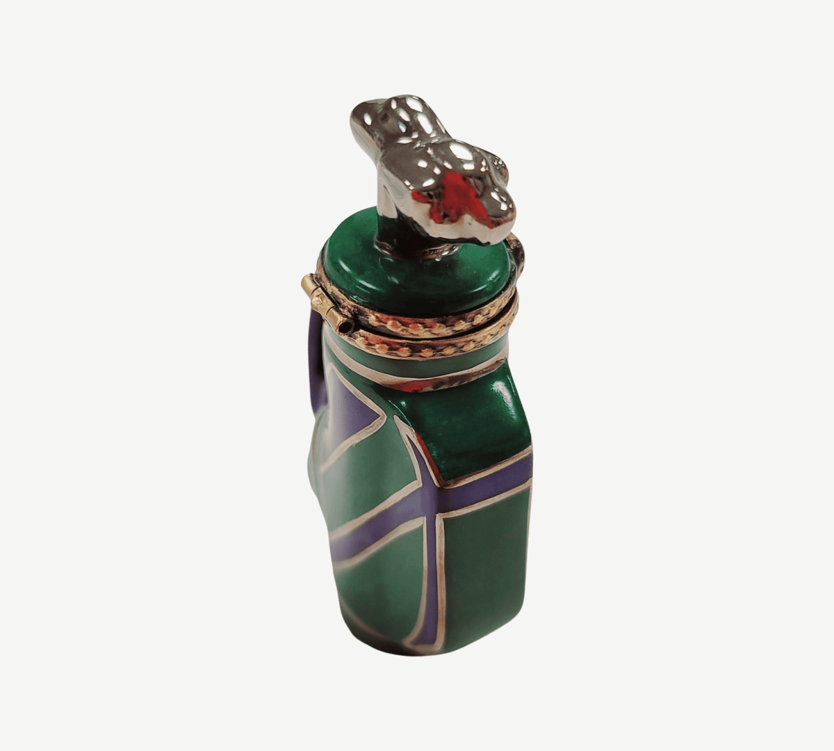 Artisan-painted Golf Bag with Clubs Green Blue Sports Limoges box from France, a cherished collectible