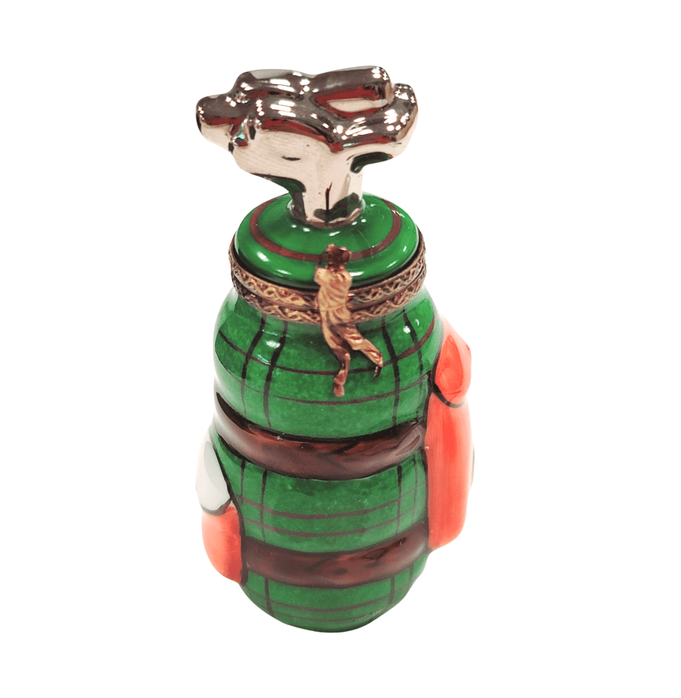 Golf Bag w Clubs Green Orange Sports Limoges Box Gift, a hand-painted Limoges porcelain gift