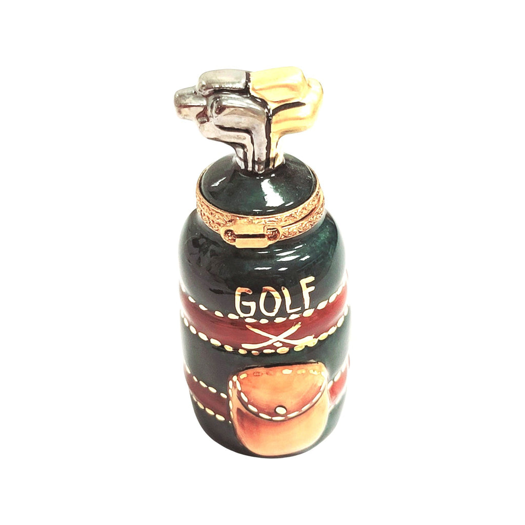 Golf Bag w Clubs Green Brown Sports Limoges Box Figurine, a hand-painted Limoges porcelain gift
