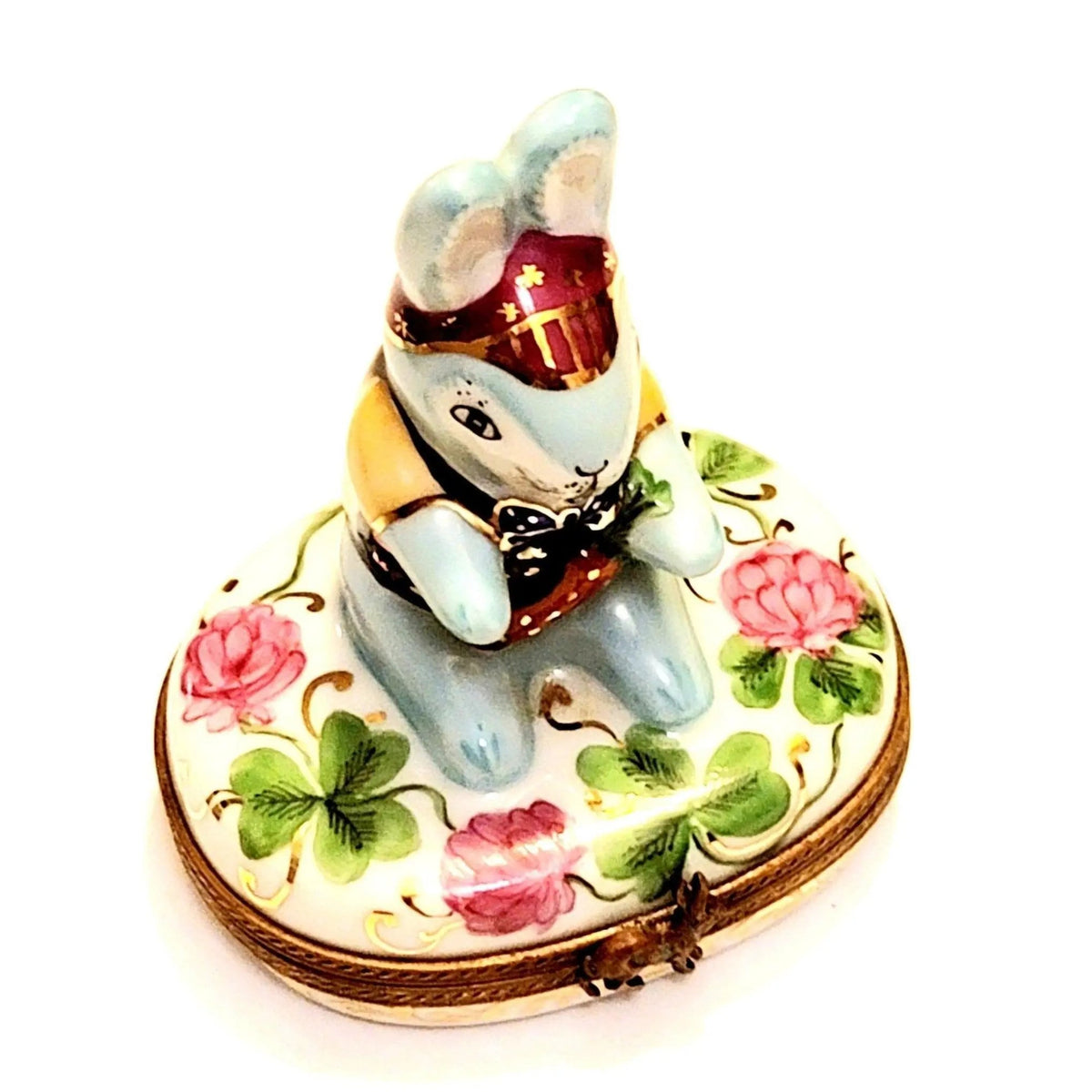 Fine French craftsmanship on the Good Luck Blue Game Rabbit on Flowers Limoges box, painted by hand