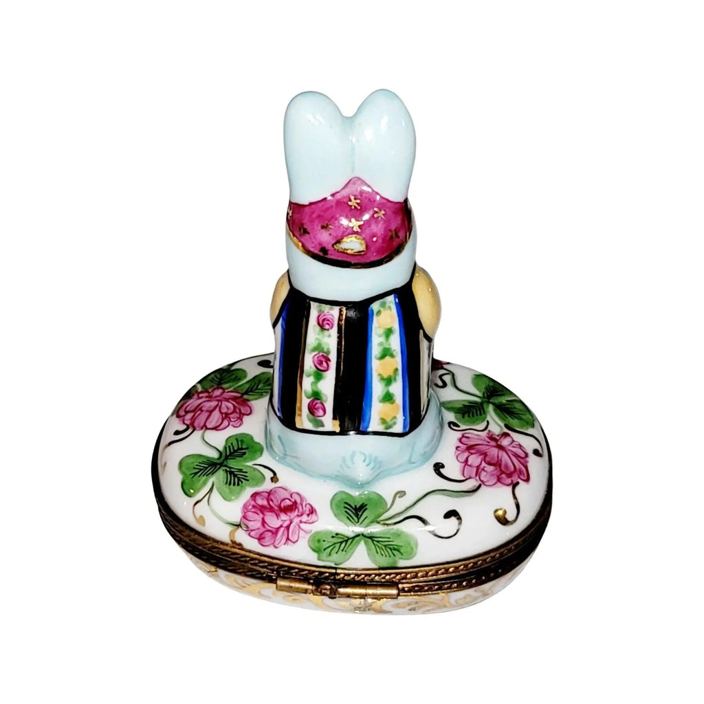 Good Luck Blue Game Rabbit on Flowers Limoges Box Figurine, view 4
