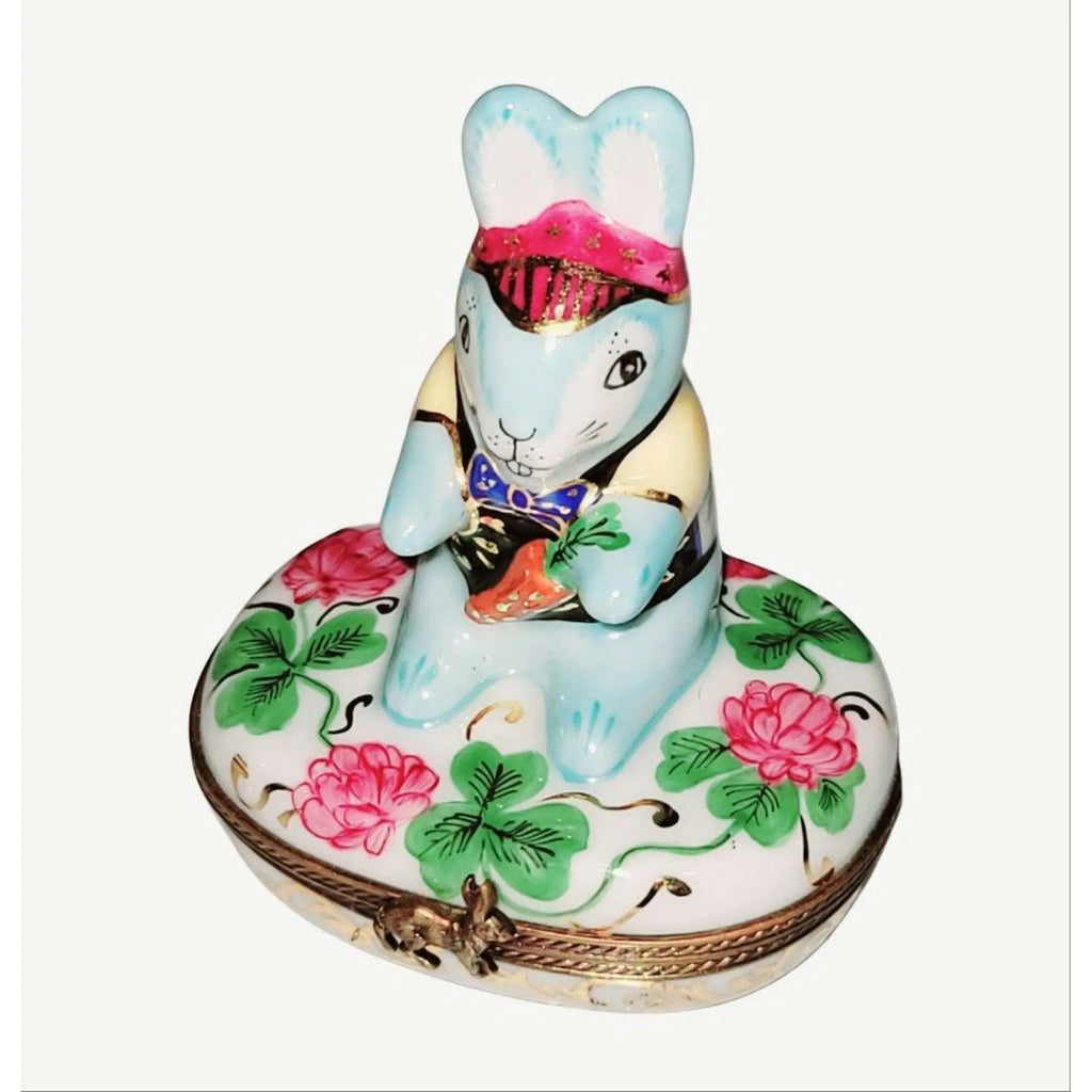 Good Luck Blue Game Rabbit on Flowers Limoges Box Figurine, a hand-painted Limoges porcelain gift