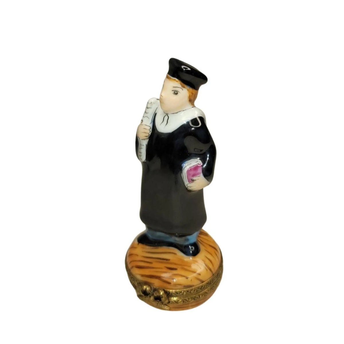 Graduate W Diploma Black Robe Limoges Box Keepsake, a hand-painted Limoges porcelain gift