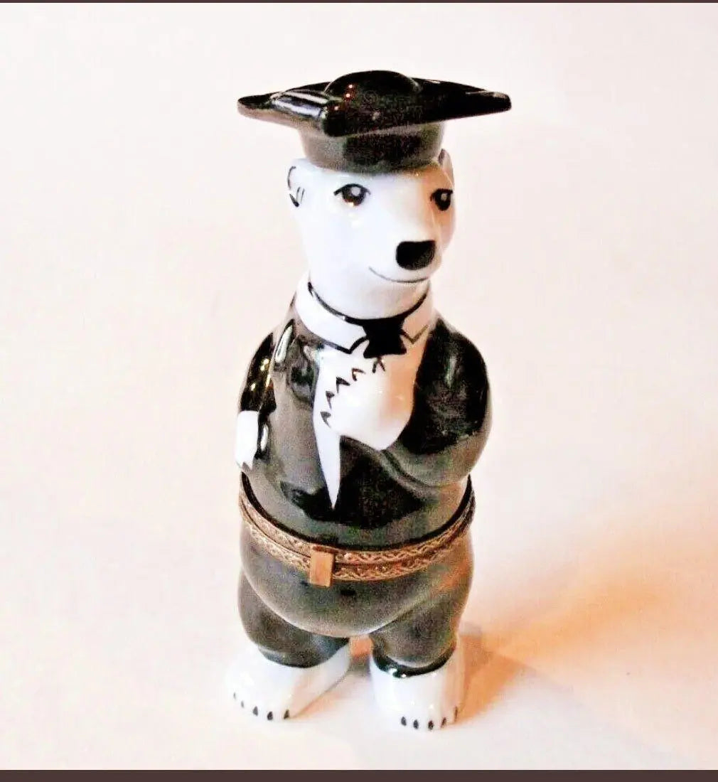 Hand-painted Graduation Polar Bear Limoges box, French artistry for lovers of fine art