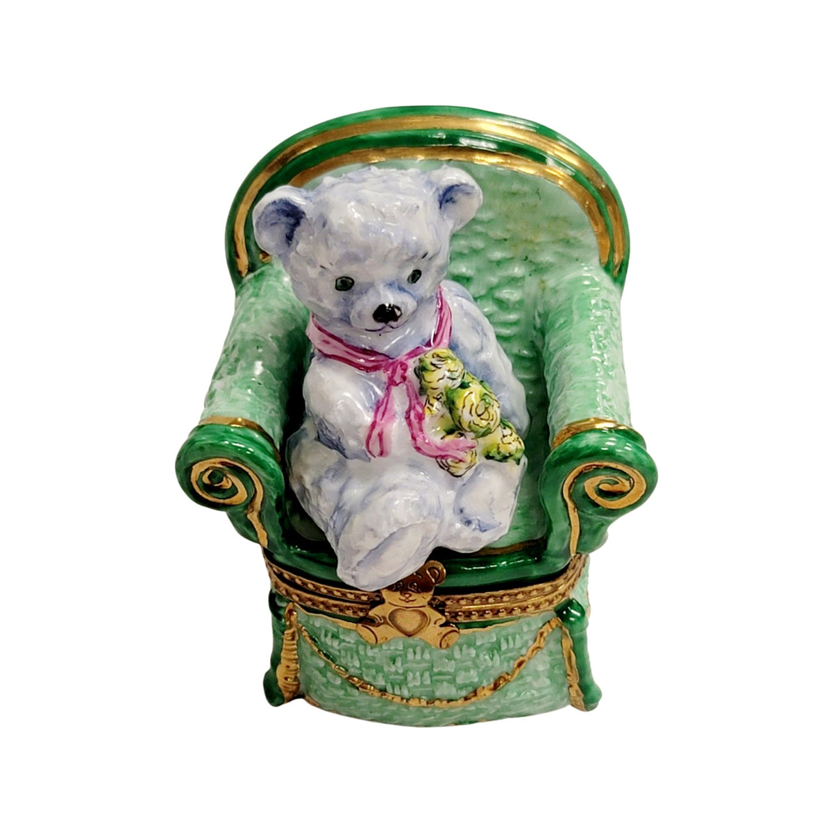 Removable Gray Teddy Bear in Green Chair Limoges Box, a hand-painted Limoges porcelain gift
