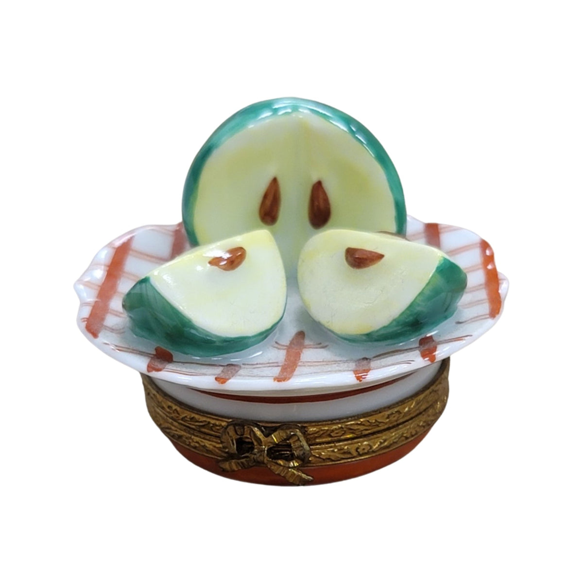 Green Apple on Plate Limoges box painted by hand in Limoges, France, a gift to treasure