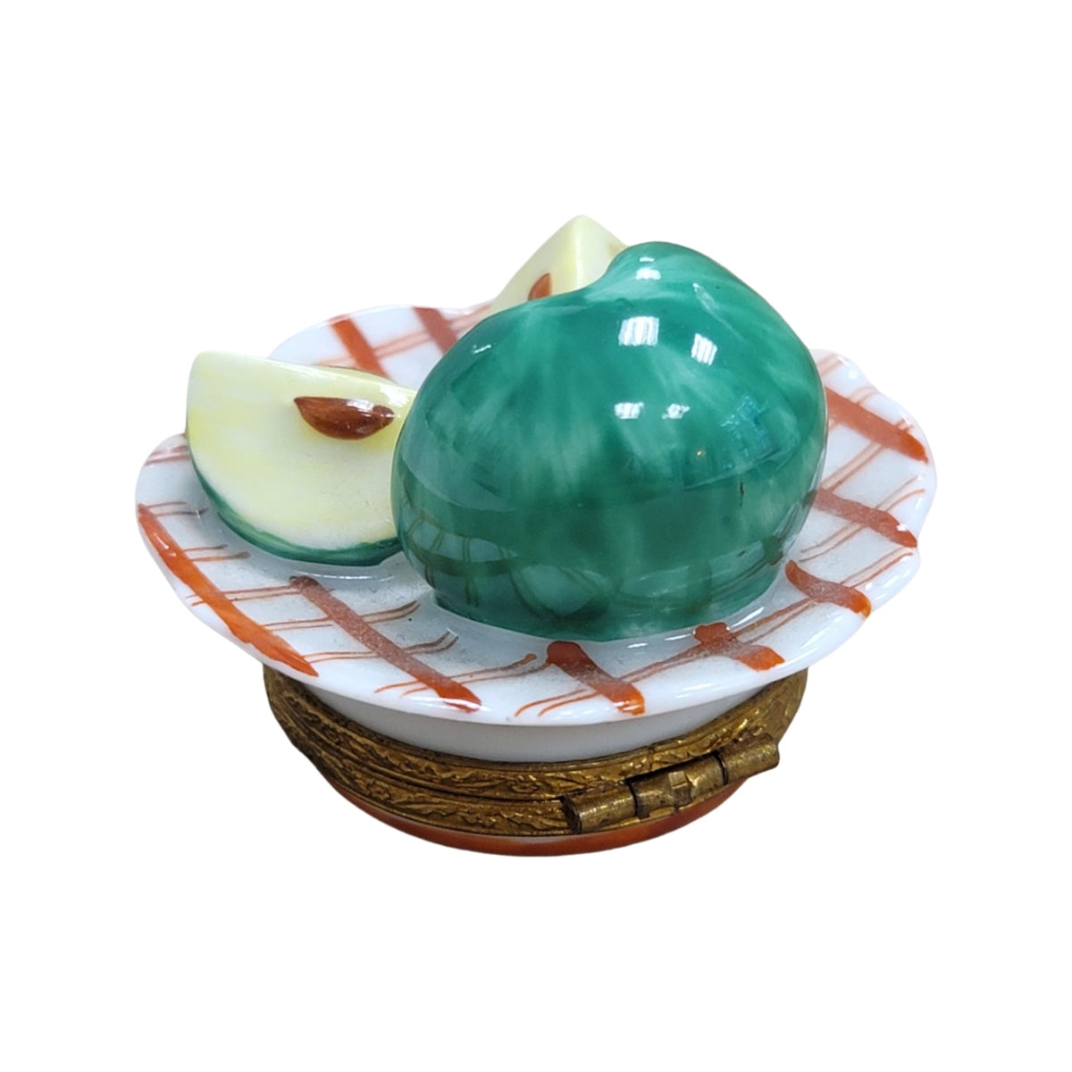 Collectible Green Apple on Plate Limoges box with artisan brushwork