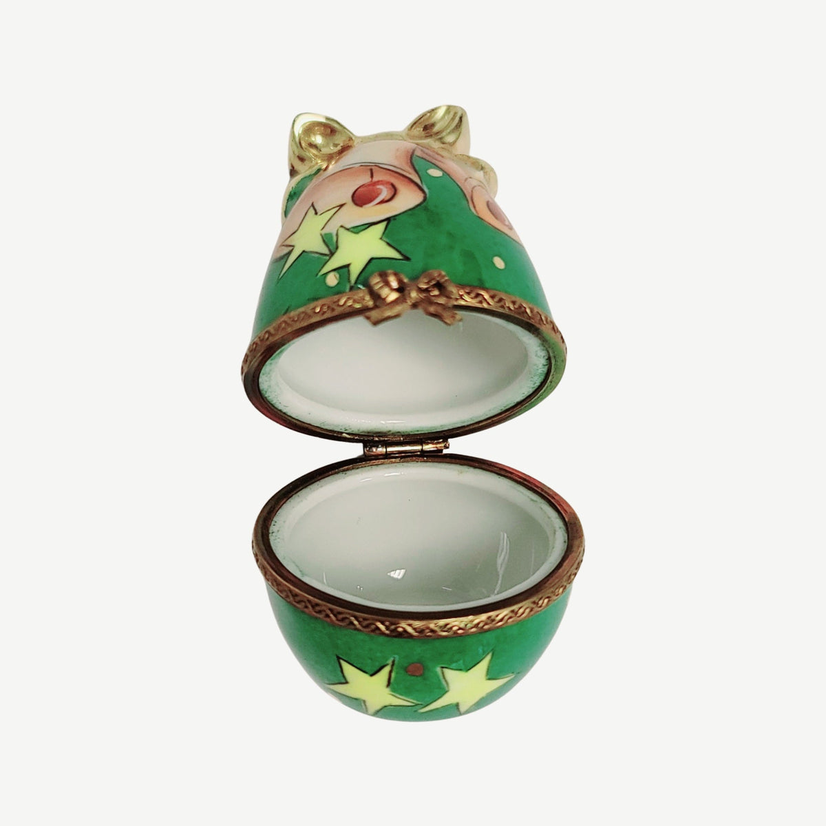 Painted details on the Green Egg Gold Knot Bell Limoges box, French art in miniature
