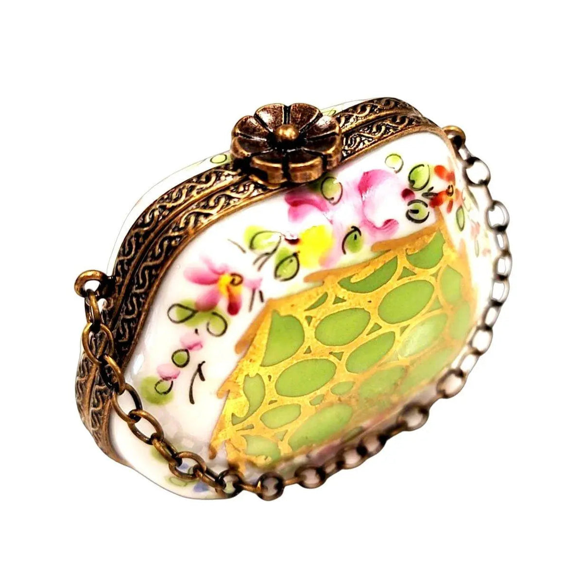Every brushstroke by hand on the Green Purse with Roses OneofaKind Limoges box from France