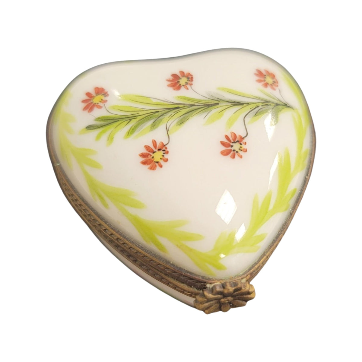 Green Heart Red Flowers Limoges Porcelain Art Object for Collectors, a hand-painted Limoges porcelain gift