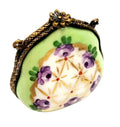 Green Purse Purple Flowers Limoges Box, a hand-painted Limoges porcelain gift