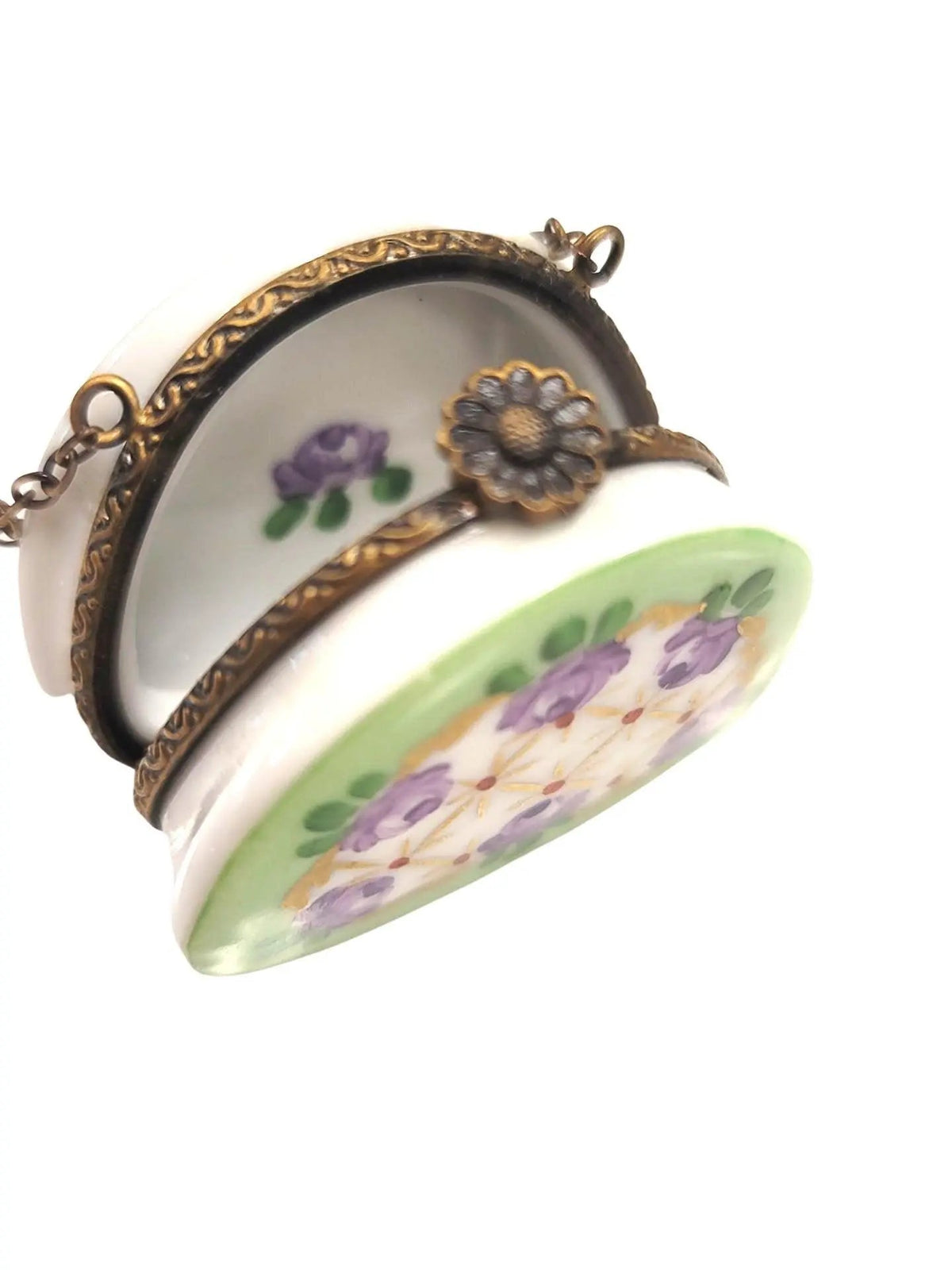 Green Purse Purple Roses Antiqued Brass Limoges Box, view 2
