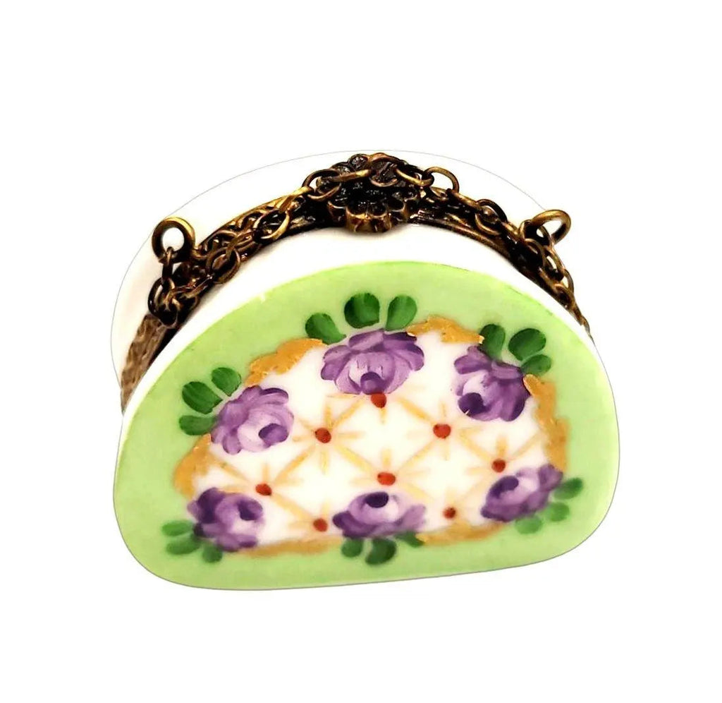 Green Purse Purple Roses Antiqued Brass Limoges Box, view 3